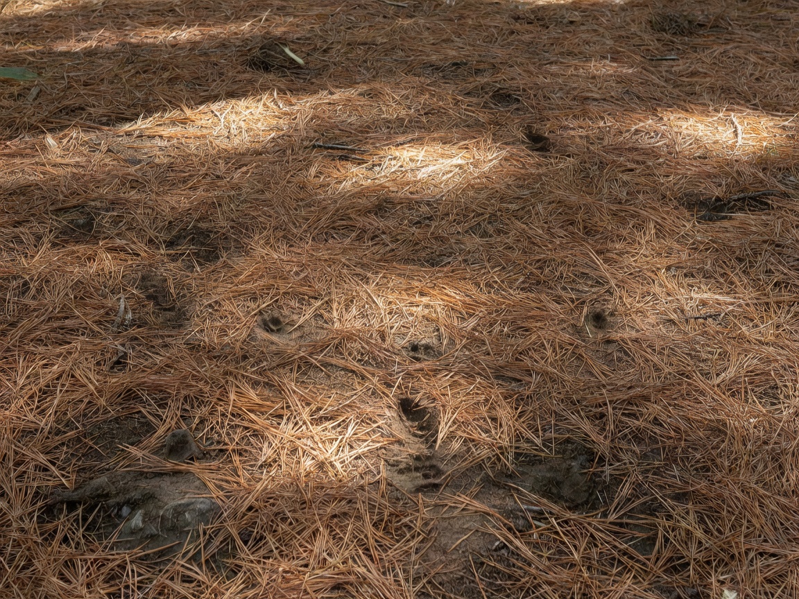 A dense forest floor showing subtle disturbances in the pine needles