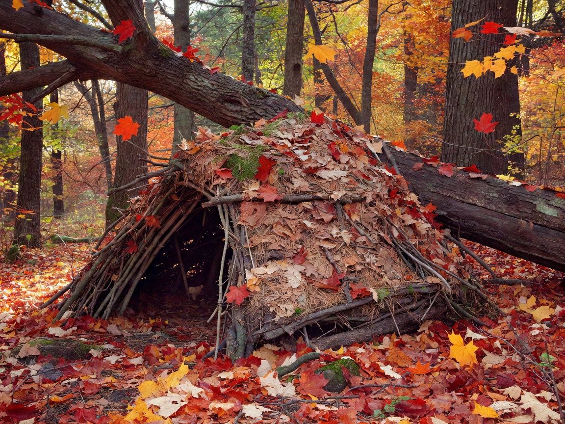 A robust debris hut built against a fallen tree in an autumn forest