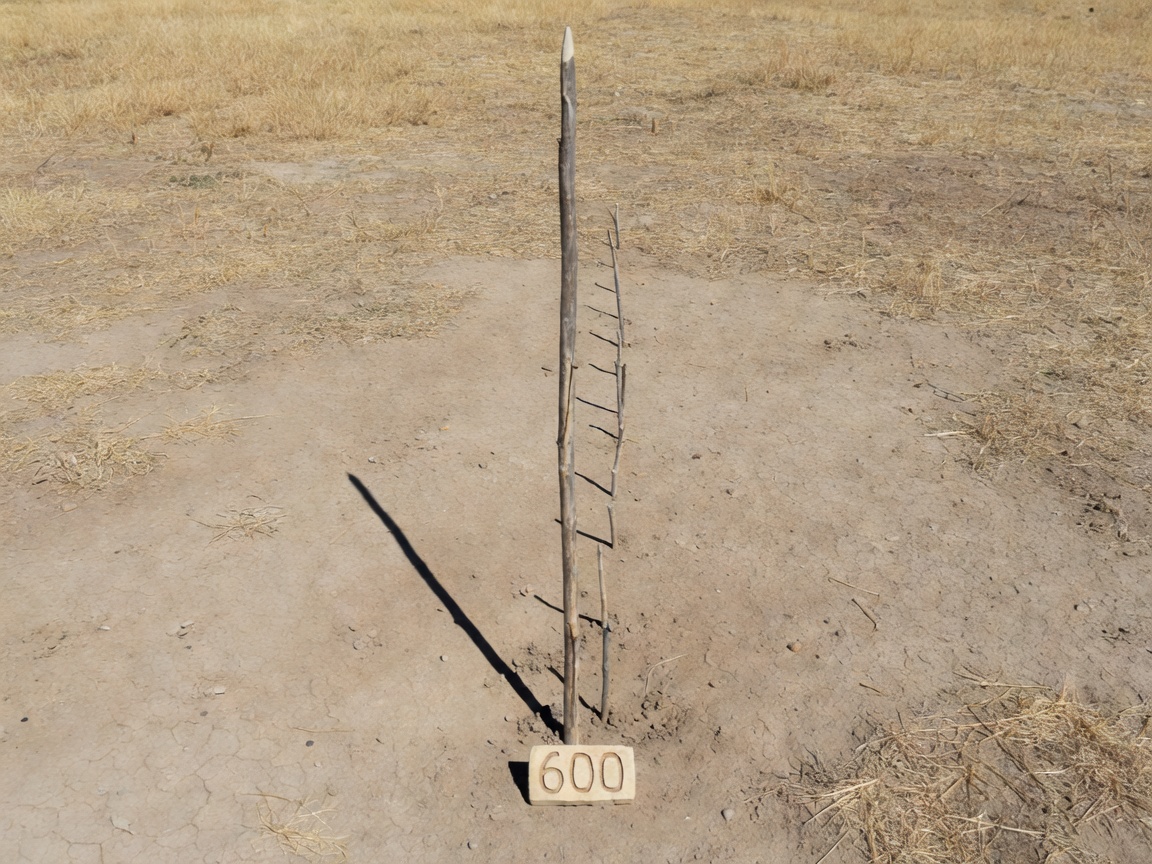 A shadow stick set up on the ground pointing north