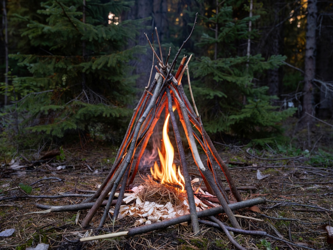 A well constructed teepee fire lay catching a flame