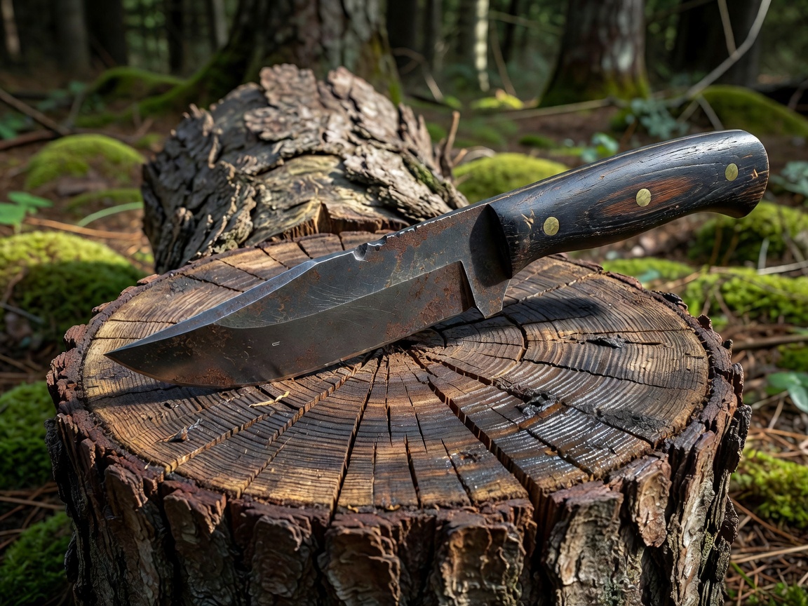 A well-used high carbon steel bushcraft knife embedded in a log
