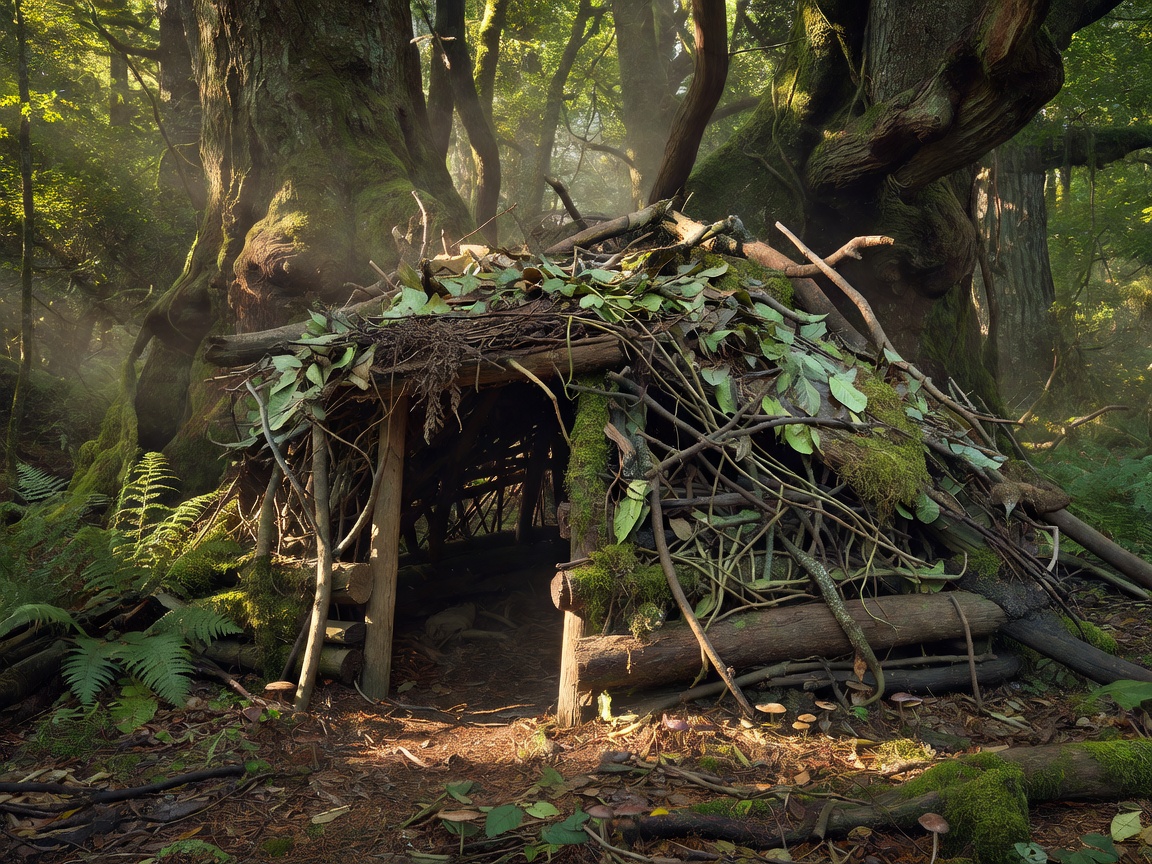 A wooden shelter built from natural debris in a dense forest