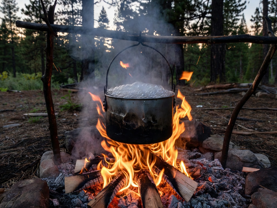 Boiling water over an open camp fire in a metal pot