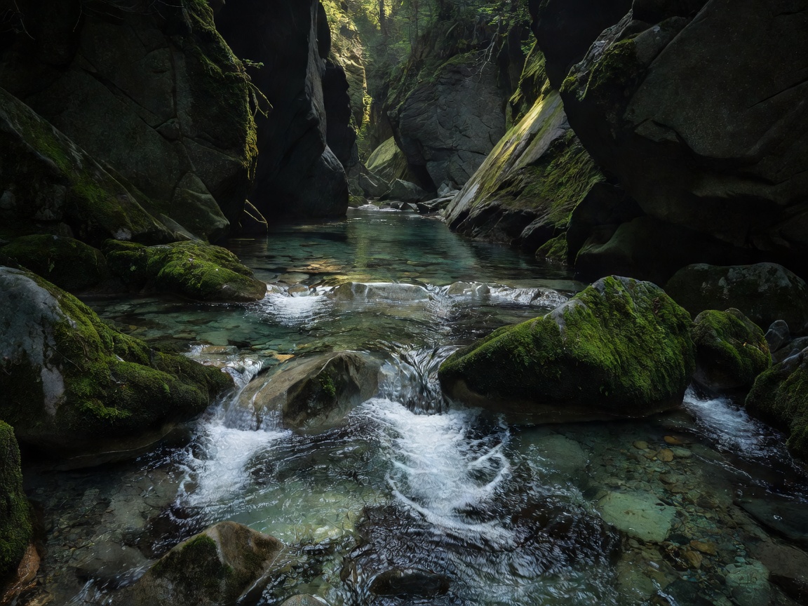 Clear stream water flowing over mossy rocks in a deep ravine