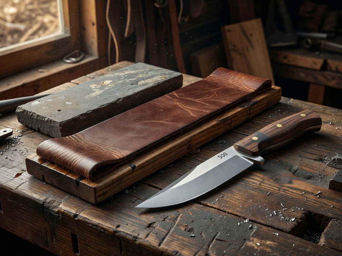Close up of a leather strop and whetstone alongside a sharp outdoor knife