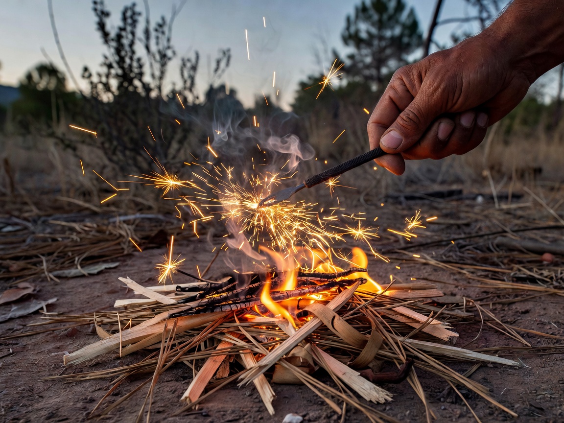 Sparks flying from a ferro rod onto dry tinder